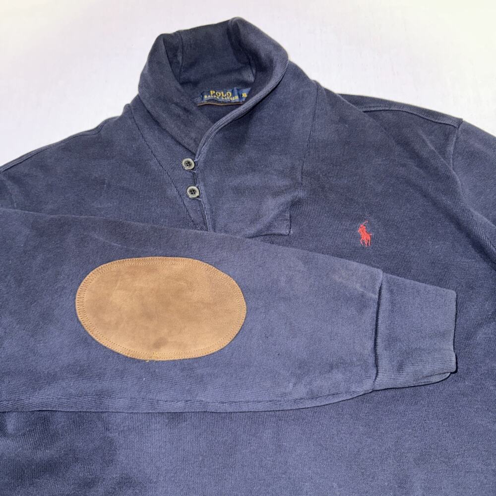 Vintage Polo Ralph Lauren Shawl Collar Pullover Navy Blue Mens XL Cotton Sweater